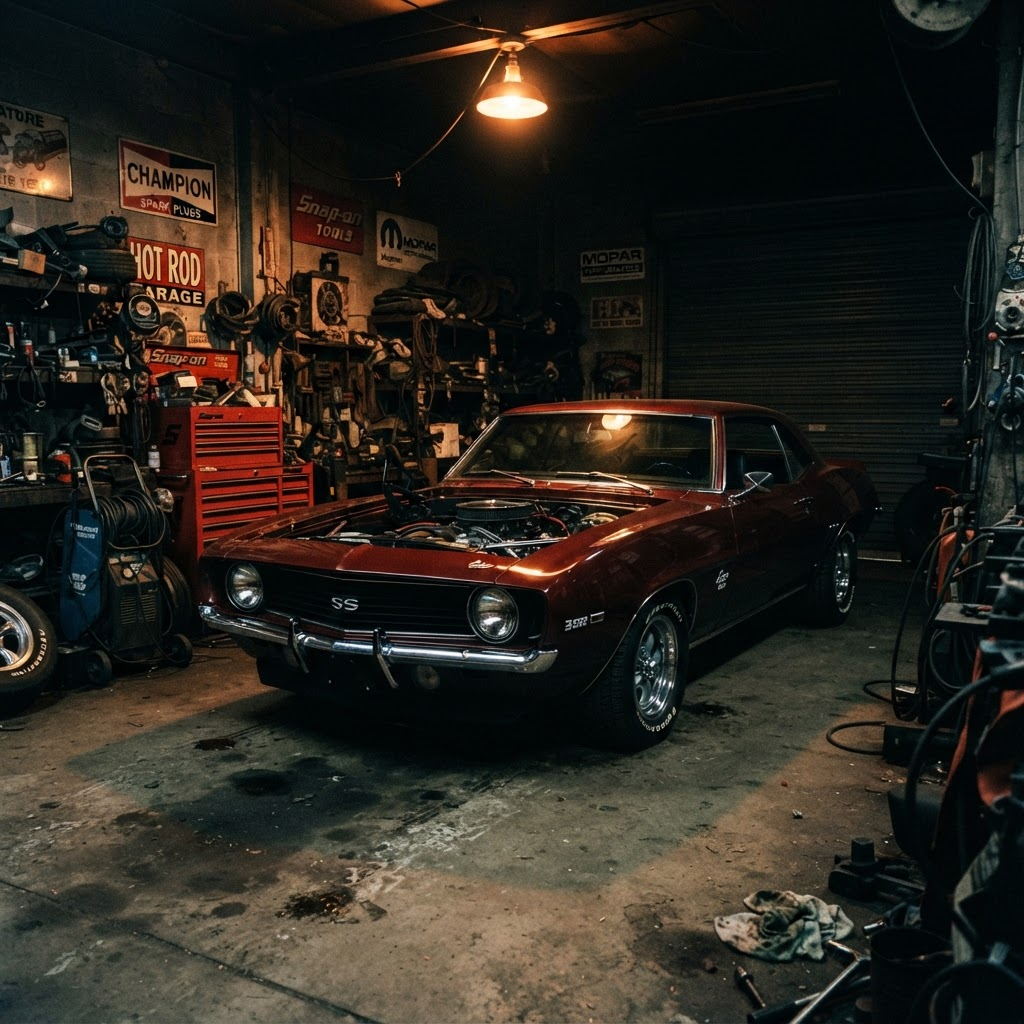 Muscle car dans l'atelier Old School Garage
