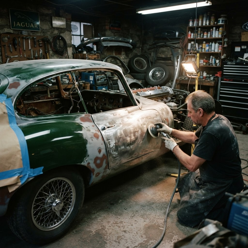 Voiture classique en cours de restauration et carrosserie
