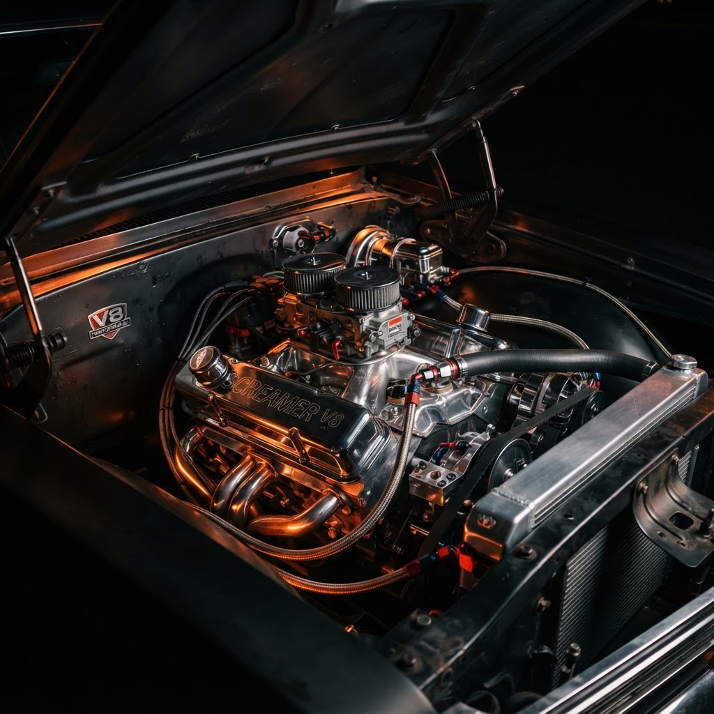 Bloc moteur V8 chromé préparé pour la performance